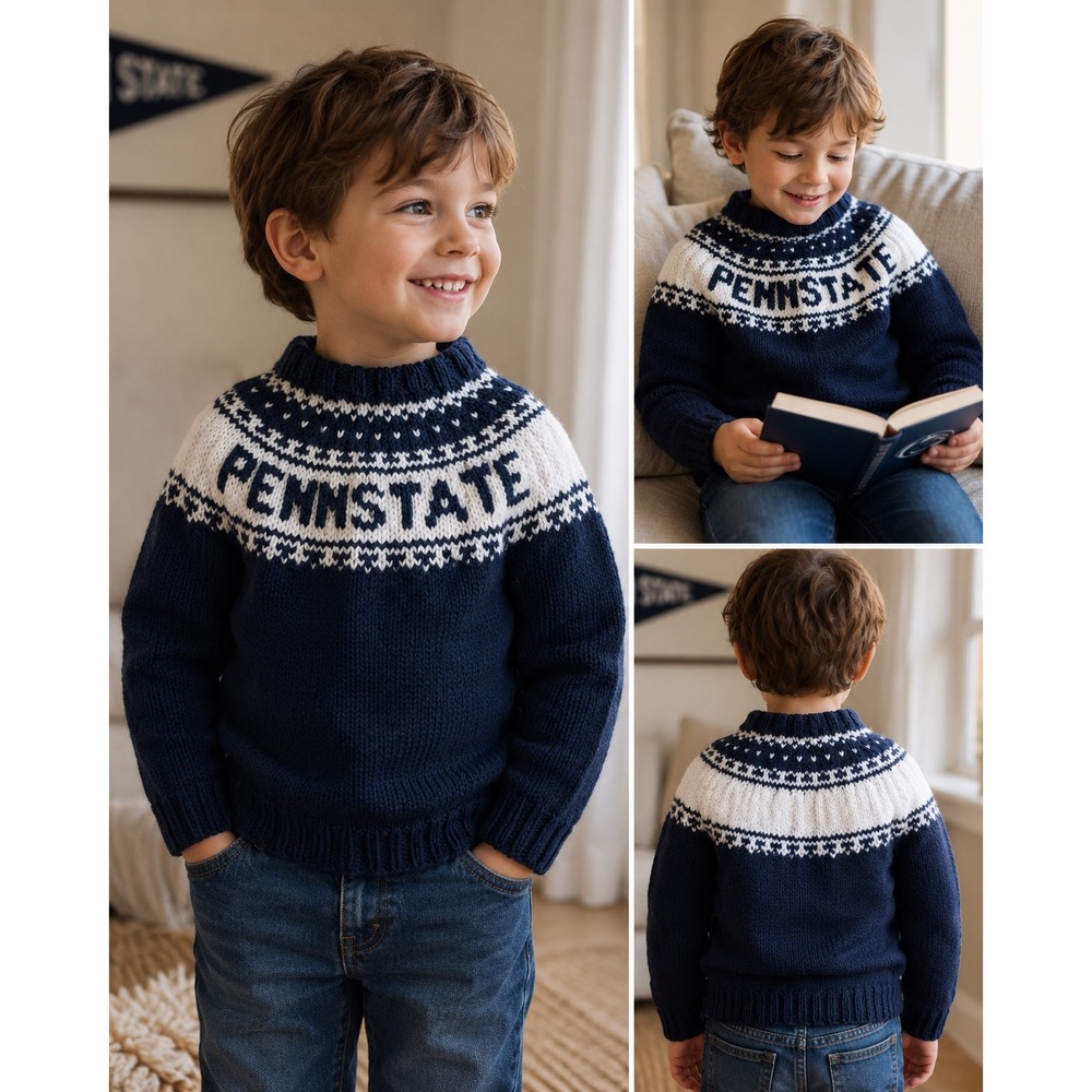 Handmade Penn State Knit Sweater Kids Navy Blue Excellent Fair Isle Collegiate
